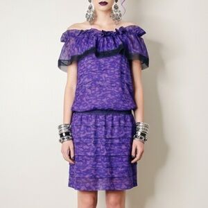 THAKOON Purple Leopard Silk Off The Shoulder Tiered Ruffle Dress